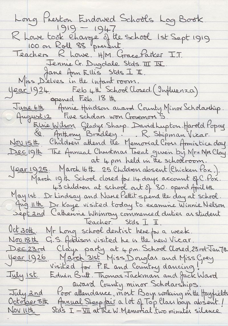 Log Book 1924-26.JPG - Extracts from Long Preston Endowed School Log Book 1924-26